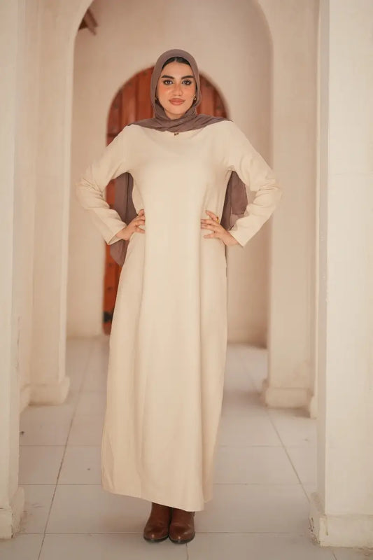 Basic Beige maxi dress with long sleeves – modest fashion outfit for women