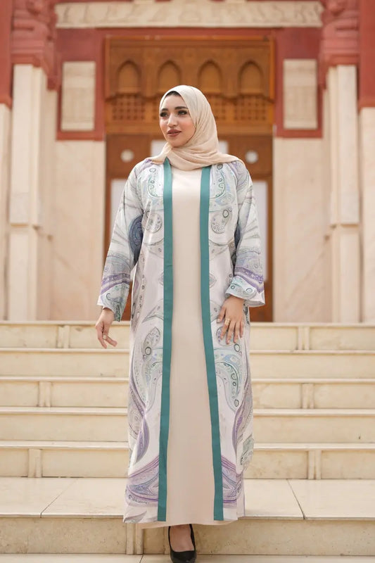 Luxury Paisley Printed Abaya – Silk & Cotton Blend for an elegant, modern look