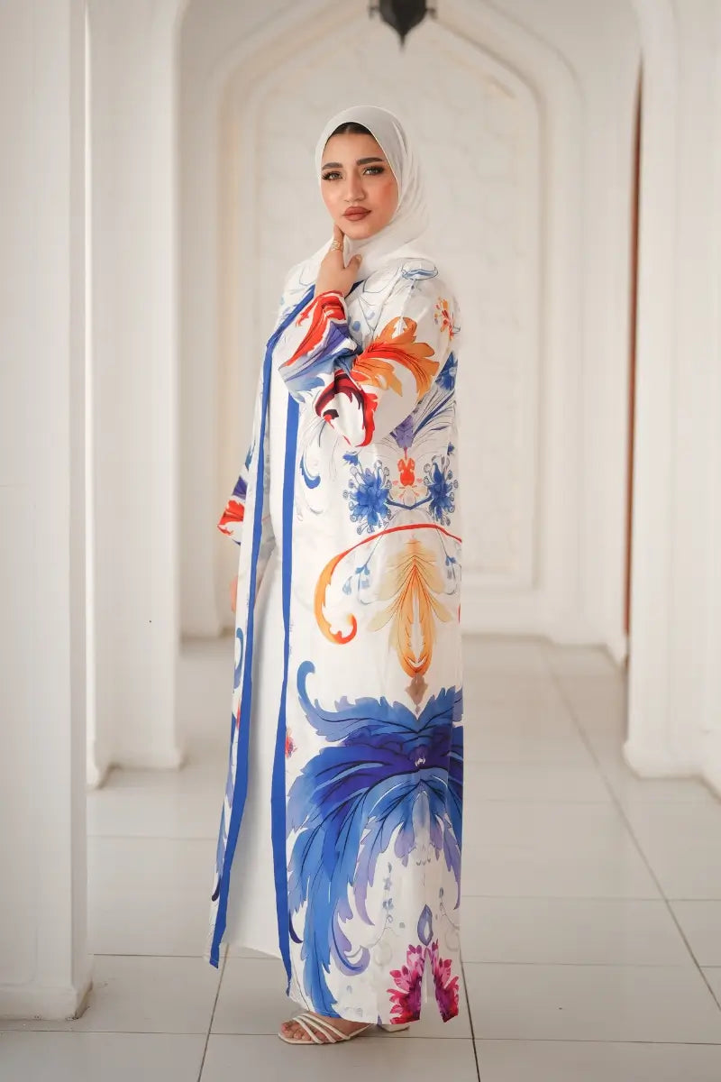 Full look of the blue and white floral abaya – ideal for special occasions and daily wear.