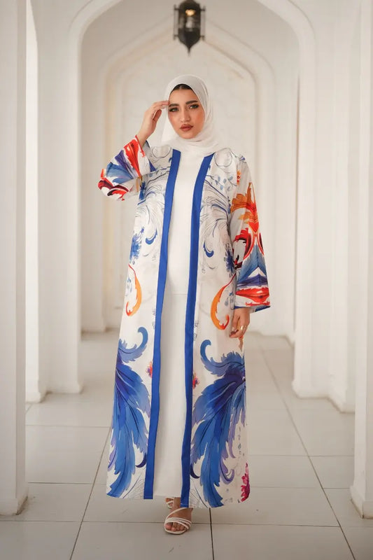 Elegant blue and white floral printed abaya – lightweight and breathable fabric for a modern look.