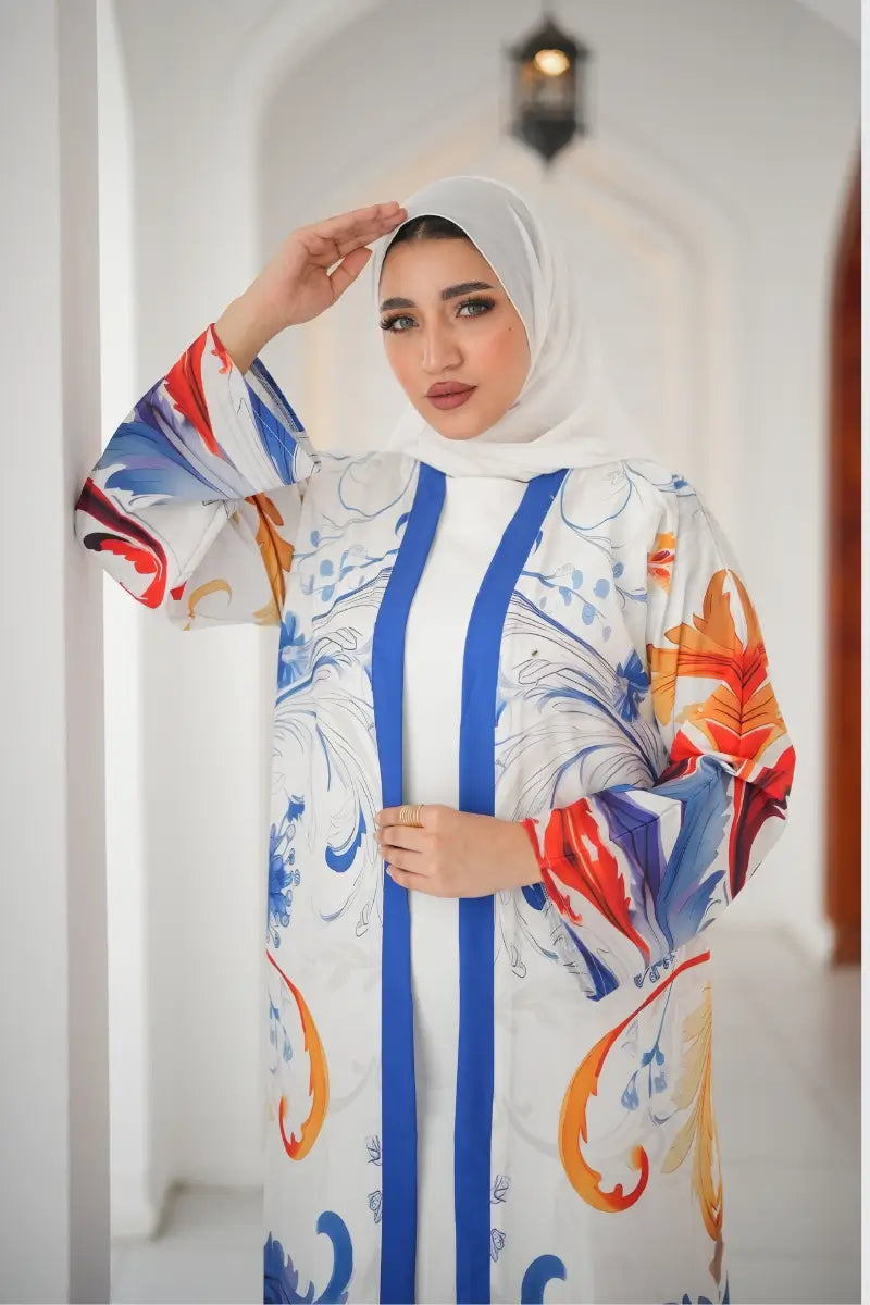 Detailed blue and white floral print on the abaya – stylish and contemporary design