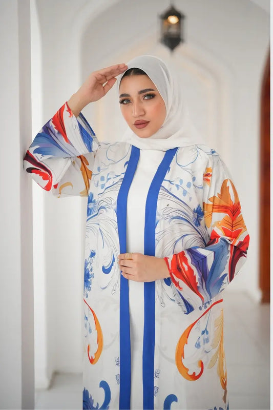 Detailed blue and white floral print on the abaya – stylish and contemporary design