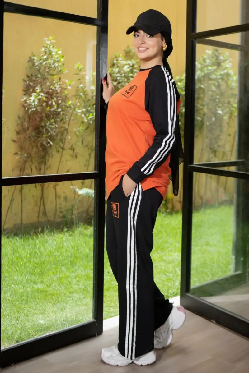 Sporty Cotton Melton women s Tracksuit Set in Orange and Black