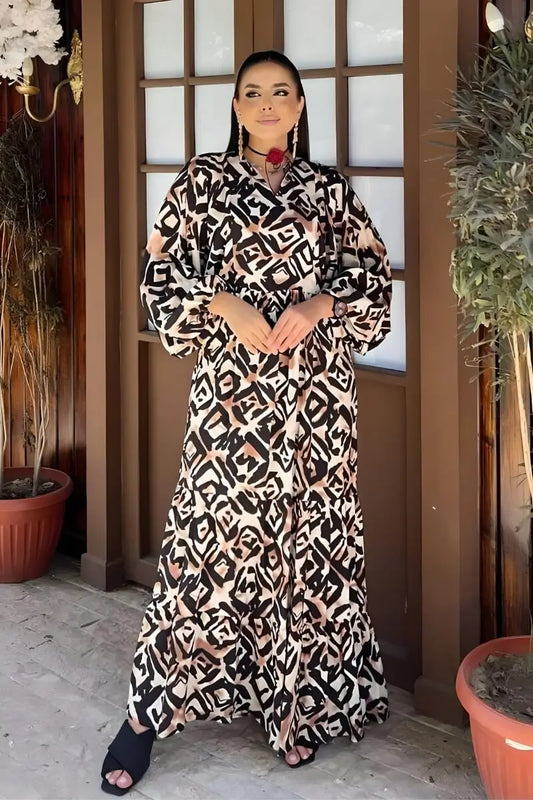 Black and Beige Geometric Print Viscose Maxi Dress with Long Sleeves