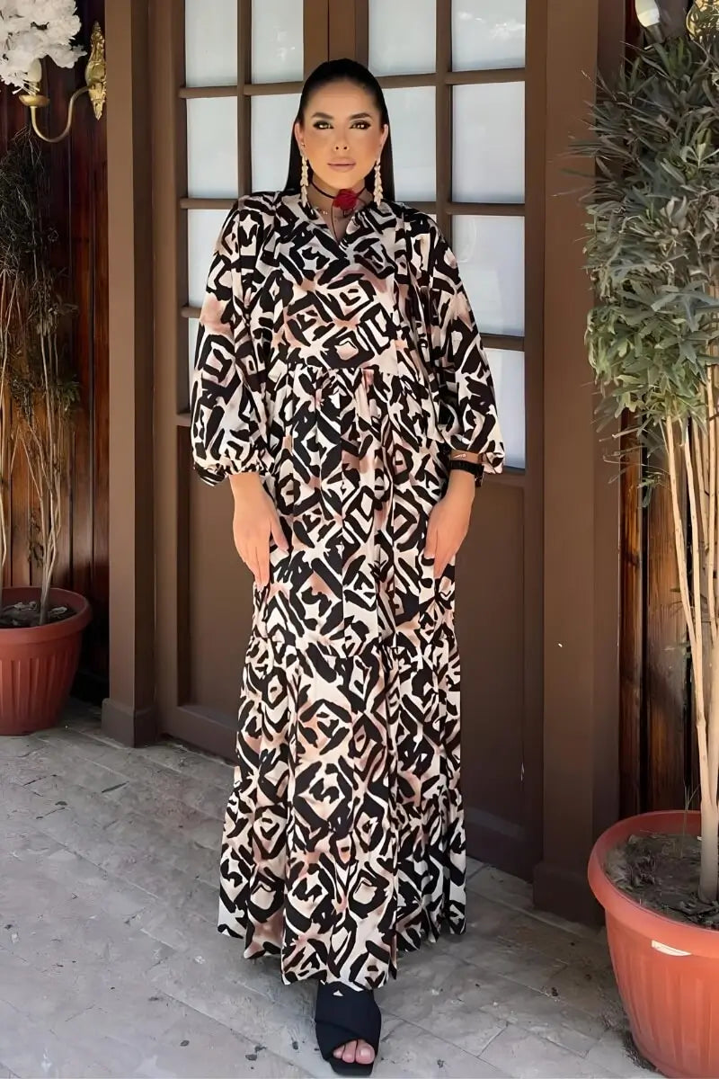 Black and Beige Geometric Print Viscose Maxi Dress with Long Sleeves