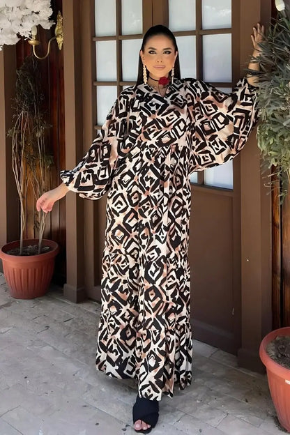 Black and Beige Geometric Print Viscose Maxi Dress with Long Sleeves