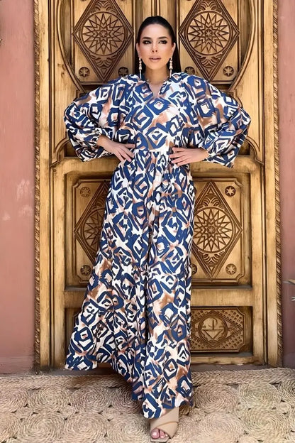 Blue and Brown Geometric Print Viscose Maxi Dress with Long Sleeves