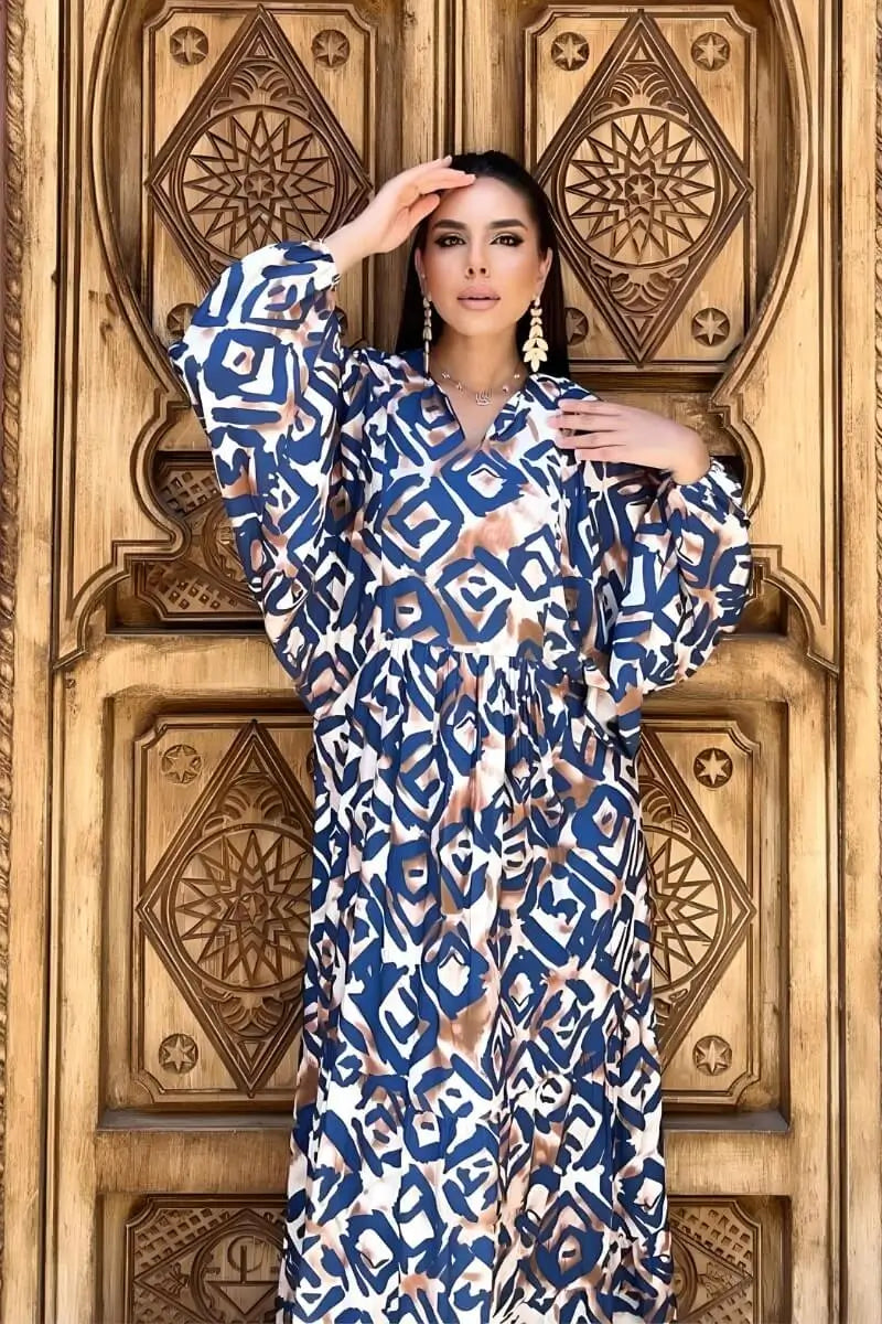 Blue and Brown Geometric Print Viscose Maxi Dress with Long Sleeves