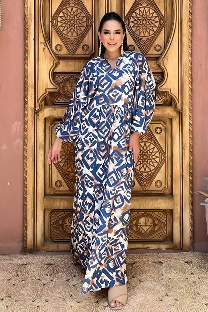 Blue and Brown Geometric Print Viscose Maxi Dress with Long Sleeves