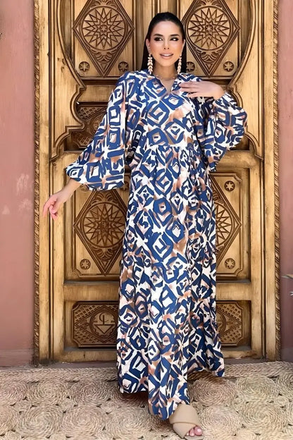 Blue and Brown Geometric Print Viscose Maxi Dress with Long Sleeves