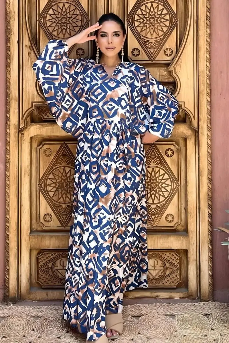 Blue and Brown Geometric Print Viscose Maxi Dress with Long Sleeves