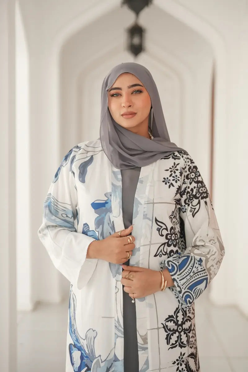 Close-up of Floral Print on Silk & Cotton Abaya
