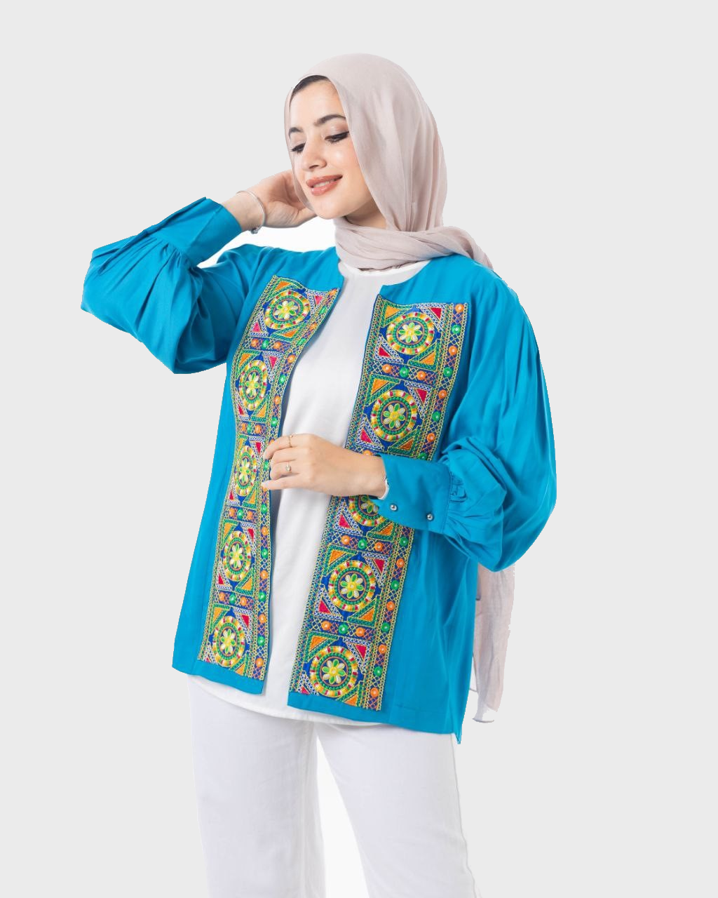 Elegant Embroidered Cardigan Blue