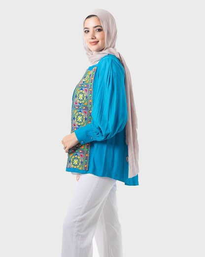 Elegant Embroidered Cardigan Blue