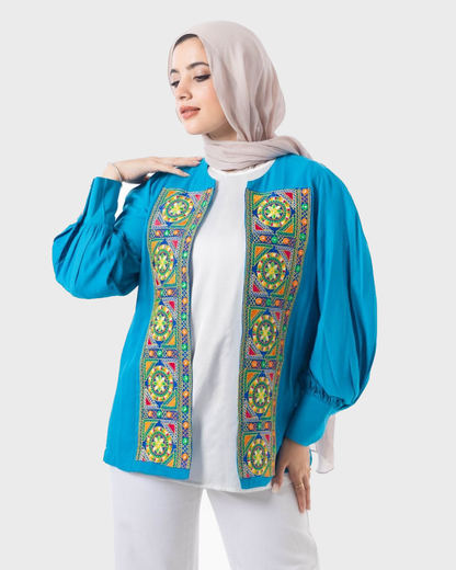 Elegant Embroidered Cardigan Blue