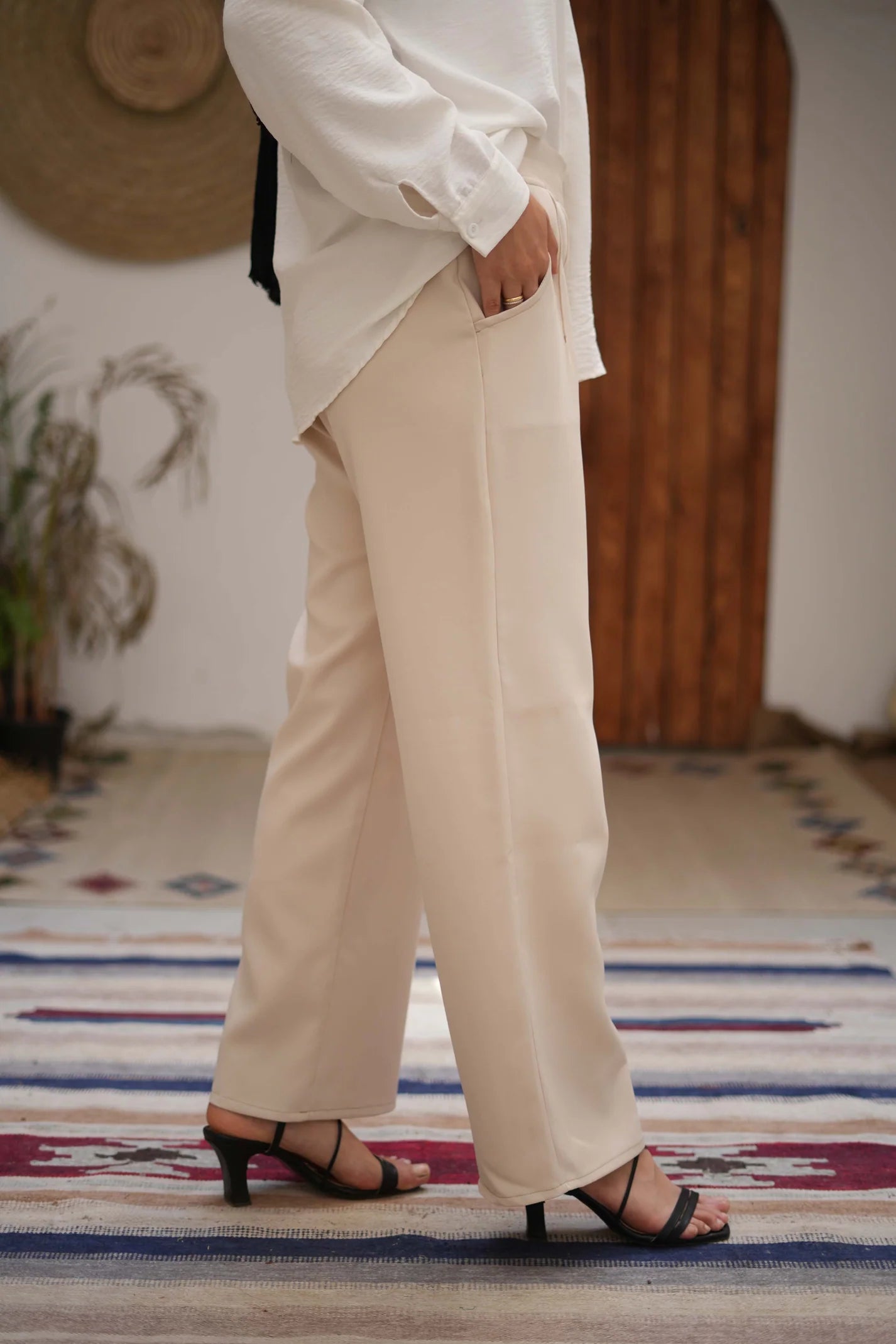 Wide-Leg Pants in Beige Rosaline Fabric