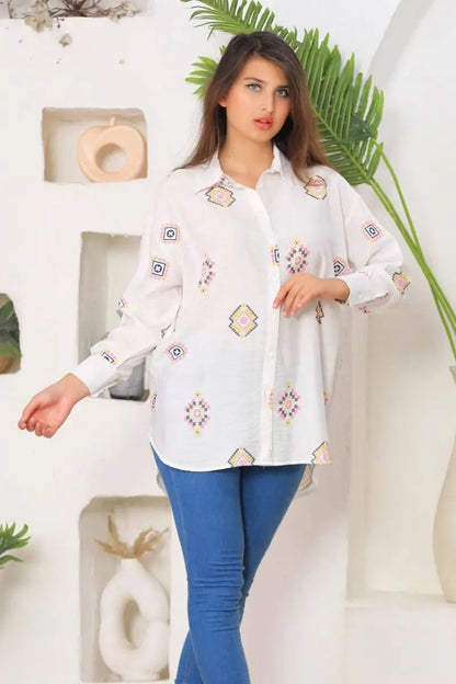 Women's Rayon Slub Embroidered Long Sleeve Shirt