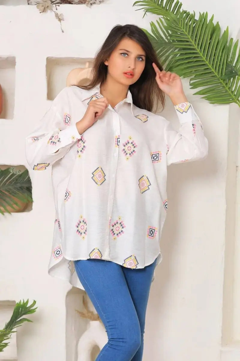 Women's Rayon Slub Embroidered Long Sleeve Shirt