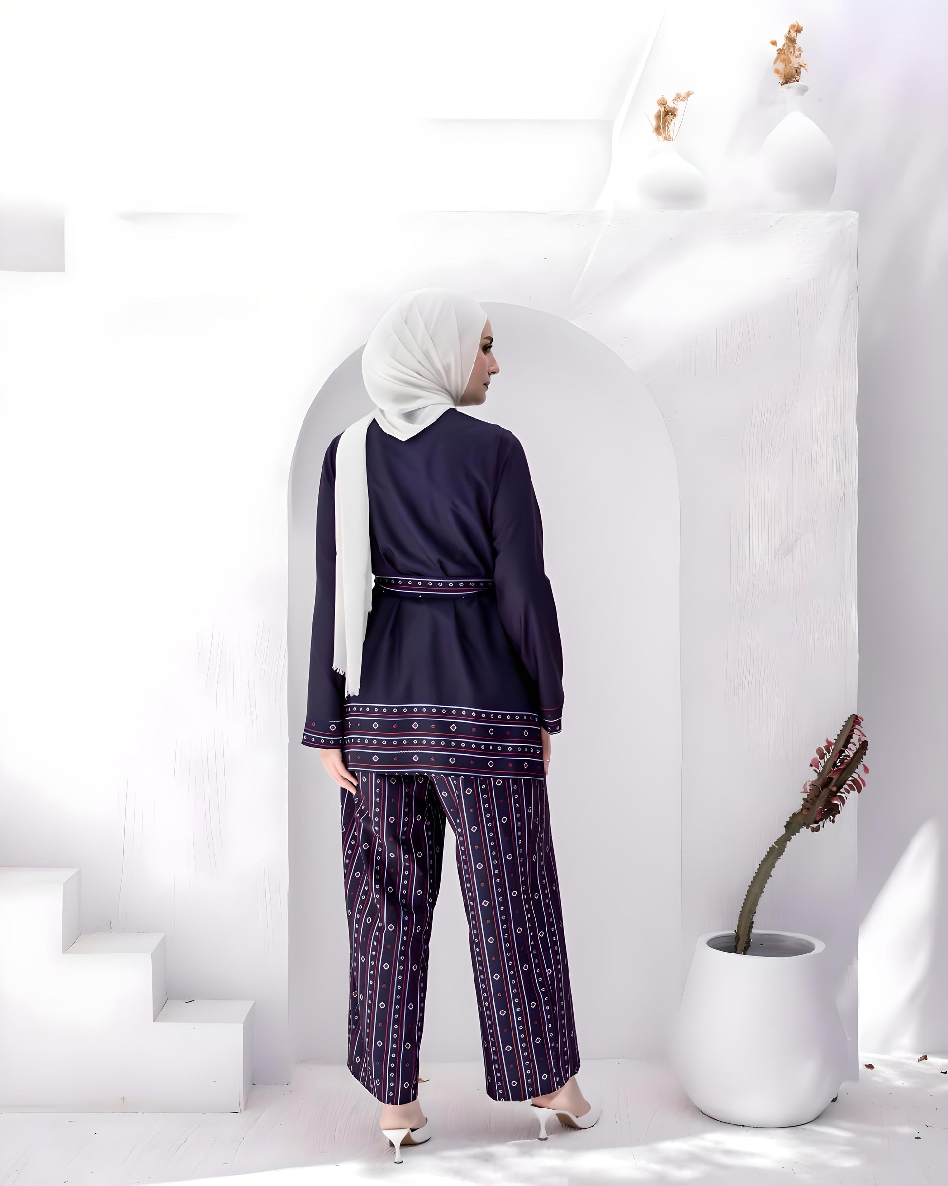 Full-length view of model in a long-sleeve soft crepe fabric jacket and straight-leg trousers.