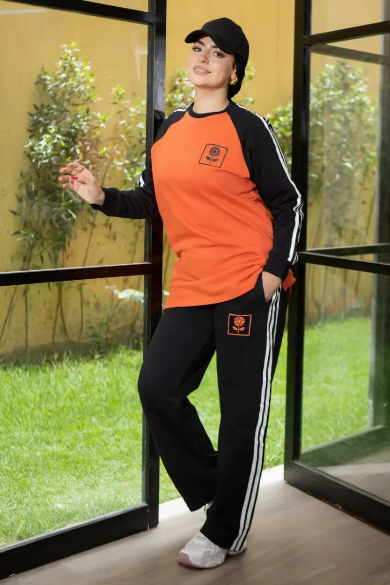 Sporty cotton Melton tracksuit set in orange and black with side stripes