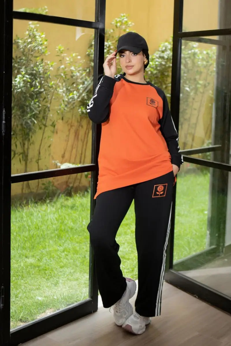 Sporty Cotton Melton women s Tracksuit Set in Orange and Black