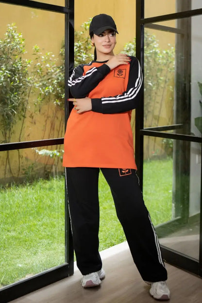 Sporty cotton Melton tracksuit set in orange and black with side stripes