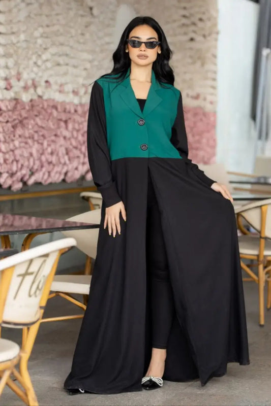 Chic two-tone abaya made from SPH fabric with a green blazer-style bodice and black flowing skirt, open design.