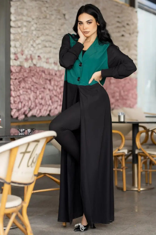 Chic two-tone abaya made from SPH fabric with a green blazer-style bodice and black flowing skirt, open design.