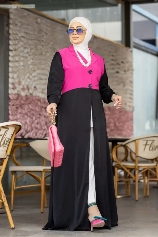 Chic two-tone abaya made from SPH fabric with a pink blazer-style bodice and black flowing skirt, open design.