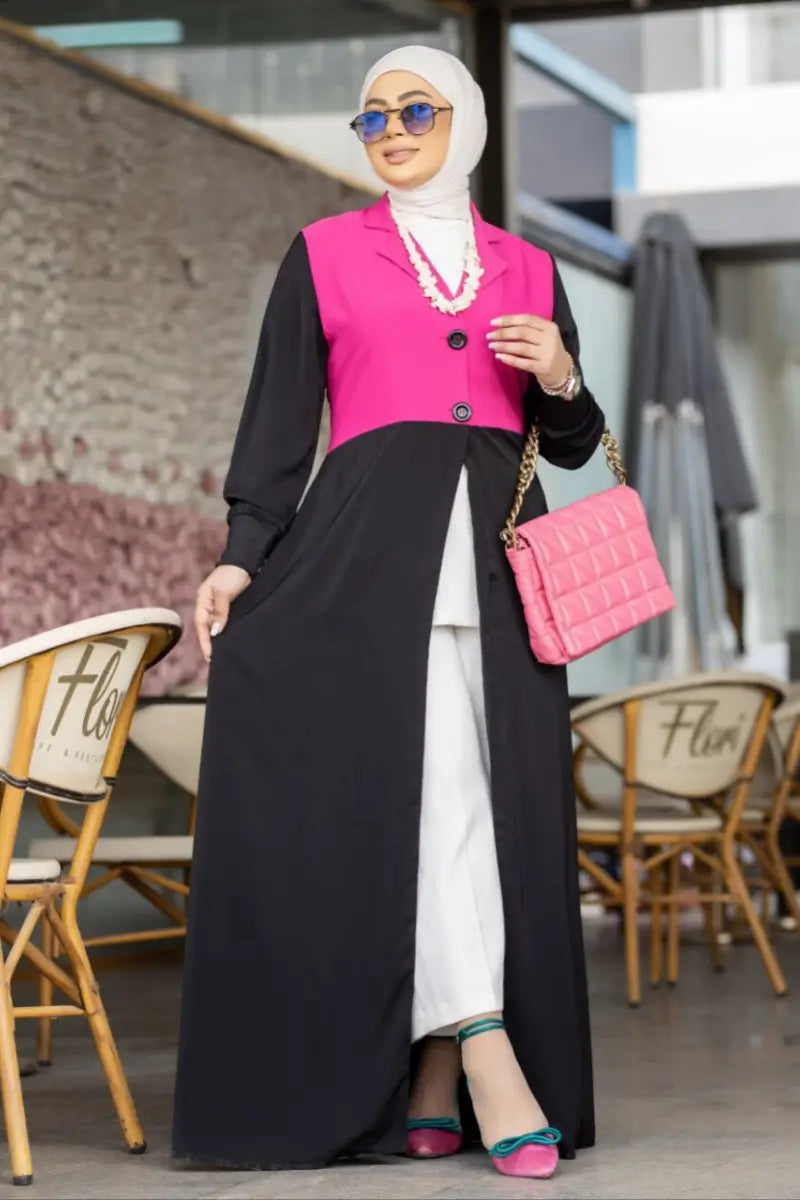 Chic two-tone abaya made from SPH fabric with a pink blazer-style bodice and black flowing skirt, open design.