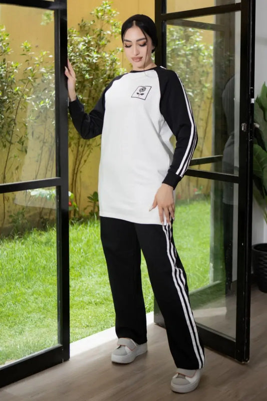 Sporty cotton Melton tracksuit set in white and black with side stripes